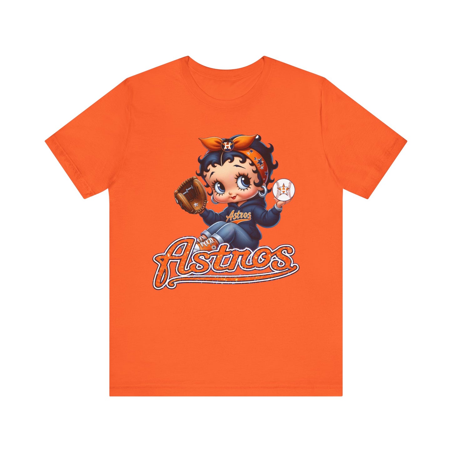 Astros Houston Betty Boop Orange Glitter Letters Unisex Short Sleeve Tee