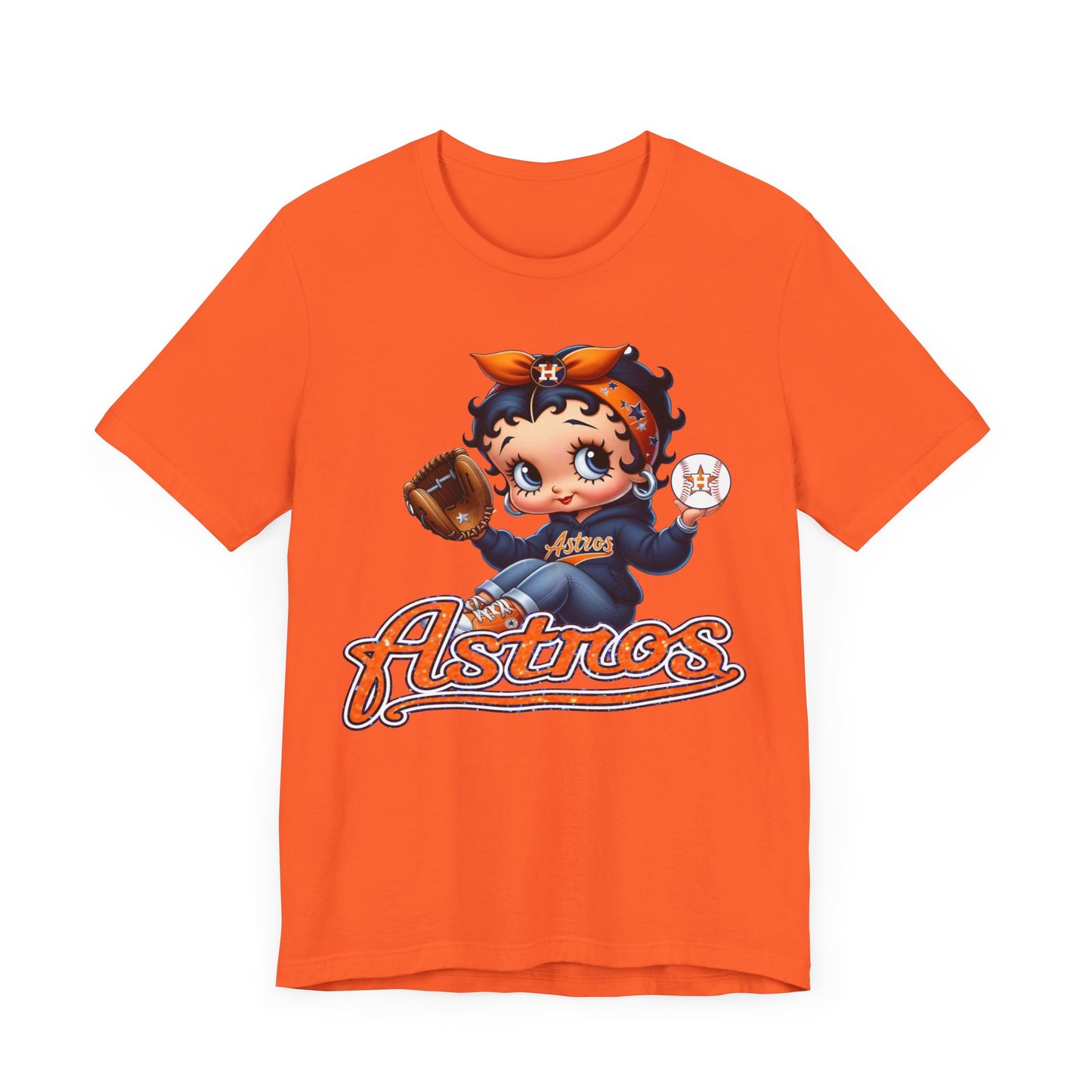 Astros Houston Betty Boop Orange Glitter Letters Unisex Short Sleeve Tee